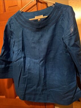 Royal Blue Linen-Blend Crochet Yoke Tunic
